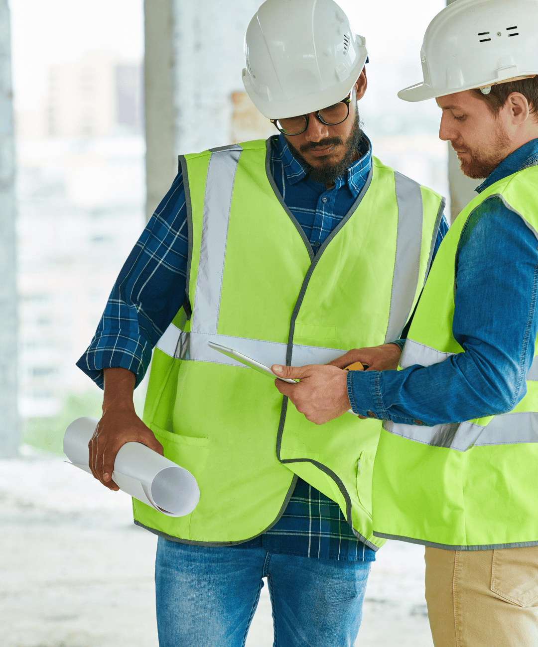 Two Illinois Workers Examining a Construction Document